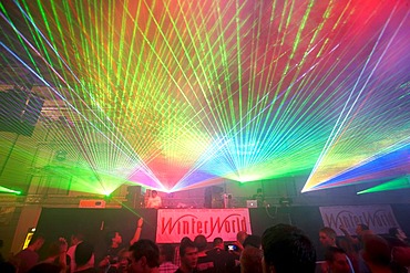 Laser show, Winter World 2010, techno festival in Sports Hall Oberwerth, Koblenz, Rhineland-Palatinate, Germany, Europe