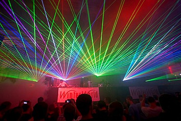 Laser show, Winter World 2010, techno festival in Sports Hall Oberwerth, Koblenz, Rhineland-Palatinate, Germany, Europe