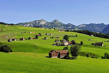 Landscape with farmhouses, the Alpstein range at back, canton of Appenzell, Switzerland, Europe