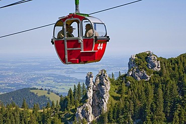 Gondola of the Kampenwandbahn cable car, Mt. Kampenwand, view to Lake Chiemsee, Chiemgau, Bavaria, Germany, Europe