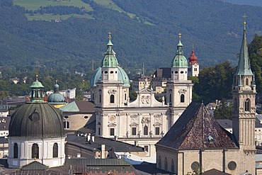 View of the city center with the Kollegienkirche church, the Cathedral and the Franciscan Church, Salzburg, Austria, Europe