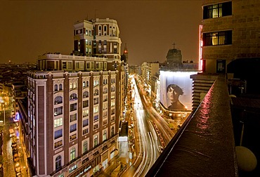 Gran Via at night, Madrid, Spain, Europe