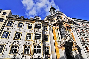 Facades of the Asam-Haus building and late Baroque Asam church, 1733-46, in the Sendlingerstrasse street, Munich, Bavaria, Germany, Europe