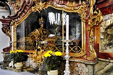 Skeleton behind glass, Basilica of the Benedictine Abbey in Ottobeuren, Bavaria, Germany, Europe