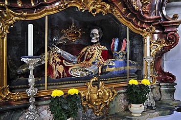 St. Boniface-Medicus and martyr, skeleton behind glass, Basilica of the Benedictine Abbey in Ottobeuren, Bavaria, Germany, Europe