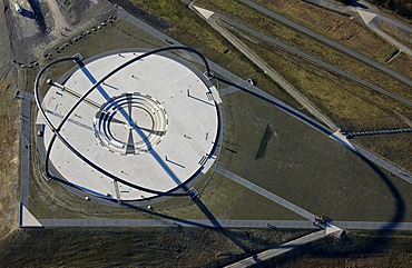 Aerial view, landscape structure, steel frame, Horizontobservatorium Halde Ewald stockpile horizon observatory, Halde Emscherbruch stockpile, Landschaftspark Herten landscape park, Ruhrgebiet region, North Rhine-Westphalia, Germany, Europe