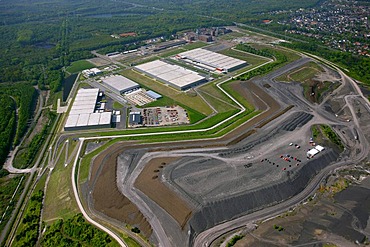 Aerial view, logistics park, Ewald industrial area, former Zeche Ewald mine, Herten, Ruhrgebiet region, North Rhine-Westphalia, Germany, Europe