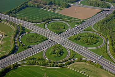 Aerial view, Autobahnkreuz Dortmund Unna motorway intersection of the A44 and A1 highways, Unna, Ruhrgebiet region, North Rhine-Westphalia, Germany, Europe