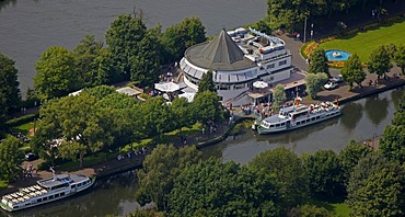 Aerial view, Ruhr river and water station, passenger ships, excursion boat, Speldorf, Muelheim an der Ruhr, Ruhrgebiet region, North Rhine-Westphalia, Germany, Europe