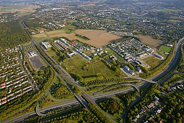 Aerial view, industrial area, Stadtkrone Ost car mile A40 B1 B236n motorways, former barracks site, Koerne, Dortmund, Ruhrgebiet region, North Rhine-Westphalia, Germany, Europe