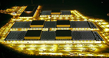 Aerial shot, night scene, IKEA's European logistics center, Dortmund, North Rhine-Westphalia, Germany, Europe