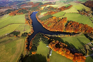 Aerial shot, autumn, Heilenbeck Dam, Ennepetal valley, Bergisches Land, Ruhr district, North Rhine-Westphalia, Germany, Europe