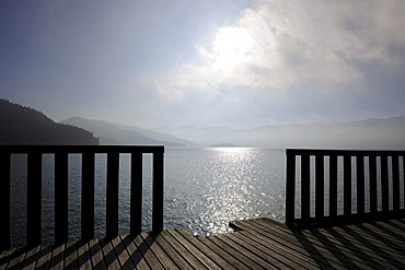 Wooden terrace at Lake Walchen, Bavaria, Germany, Europe