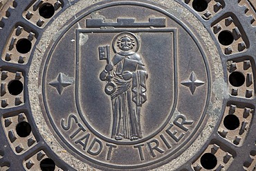 Manhole cover of the city of Trier with its coat of arms, Rhineland-Palatinate, Germany, Europe