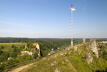 A weathervane on the lookout Hohe Warte, Pottenstein, Naturpark Fraenkische Schweiz nature preserve, Franconia, Bavaria, Germany, Europe