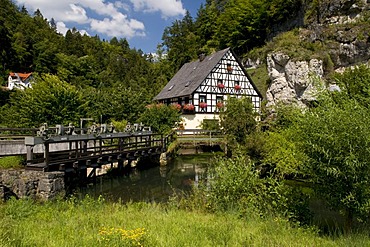 Water mill at Pottenstein, Naturpark Fraenkische Schweiz nature preserve, Franconia, Bavaria, Germany, Europe