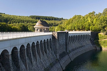 The barrage of the Listertalsperre storage lake in the Naturpark Ebbegebirge nature preserve, Sauerland region, North Rhine-Westphalia, Germany, Europe