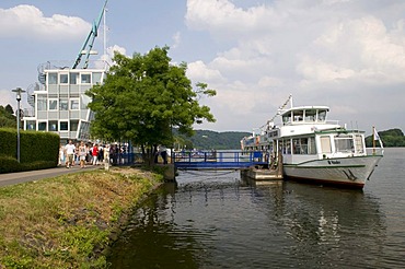Ship at the pier on the Baldeneysee lake in Essen-Werden, Ruhrgebiet area, North Rhine-Westphalia, Germany, Europe