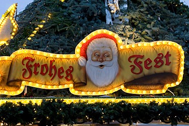 Sign with the words "Frohes Fest", Merry Christmas, on the Christmas market in Dortmund, Ruhrgebiet area, North Rhine-Westphalia, Germany, Europe
