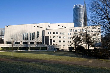 The Aalto-Theater and the RWE-Turm Tower in the back, Essen, Ruhrgebiet area, North Rhine-Westphalia, Germany, Europe