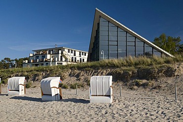 Beach chairs in front of the beach hall in the Glowe Baltic resort, Ruegen island, Mecklenburg-Western Pomerania, Germany, Europe