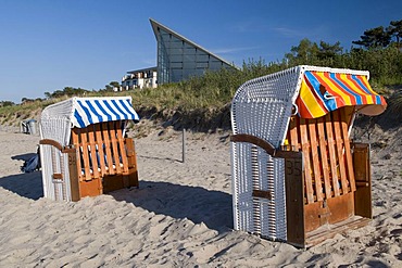 Beach chairs in front of the beach hall in the Glowe Baltic resort, Ruegen island, Mecklenburg-Western Pomerania, Germany, Europe