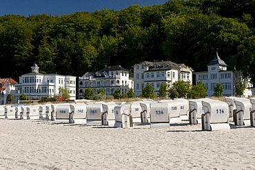 Roofed wicker beach chairs on the beach in the Baltic Sea resort town of Binz, Isle of Ruegen, Mecklenburg-Western Pomerania, Germany, Europe