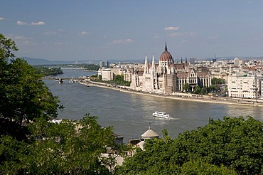 View from the Castle Hill on the banks of the Danube river and the Parliament, Budapest, Hungary, Europe