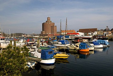 Rundspeicher round silo in the port, Baltic resort Eckernfoerde, Schleswig-Holstein, Germany, Europe