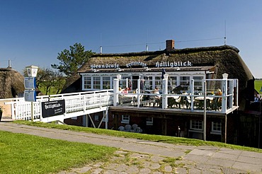 Restaurant and beachside coffeehouse Halligblick, Norderhafen harbor, Nordstrand island, Schleswig-Holstein, Germany, Europe