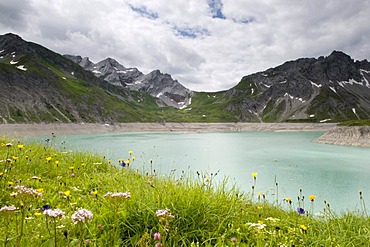 Luener Lake, mountain lake and reservoir at 1979m altitude, Brandnertal Valley, Vorarlberg, Austria, Europe