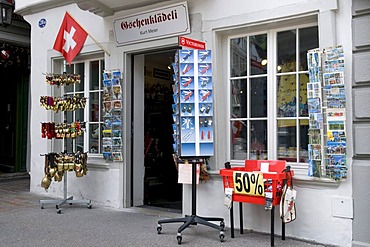 Swiss flag on Geschenklaedeli, souvenir shop, St. Gallen, Switzerland, Europe