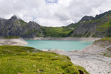 Luener Lake, mountain lake and reservoir at 1979m altitude, Brandnertal Valley, Vorarlberg, Austria, Europe