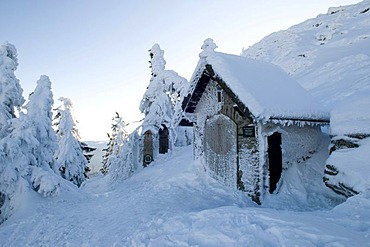 Snow-covered chapel on the Grosser Arber, 1456m, Bavarian Forest Nature Park, Bavaria, Germany, Europe