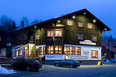 Restaurant and wine bar at dusk, Bayerisch Eisenstein, Bavarian Forest, Bavaria, Germany, Europe