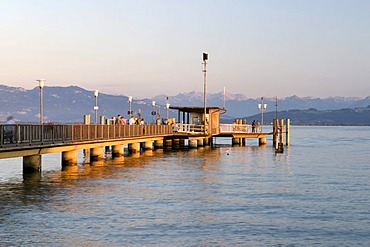 Jetty in the evening light, Wasserburg, Lake Constance, Bavaria, Germany, Europe