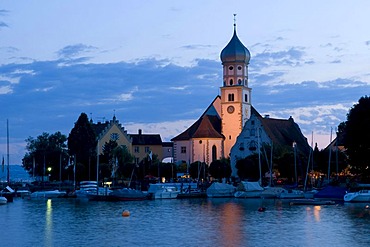 Wasserburg village on Lake Constance at night, Bavaria, Germany, Europe