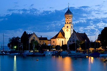 Night shot of Wasserburg, Lake Constance, Bavaria, Germany, Europe