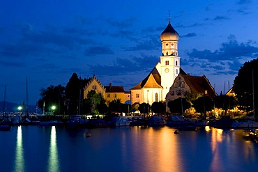 Night shot of Wasserburg on Lake Constance, Bavaria, Germany, Europe