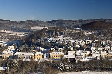 View from the Schlossberg castle hill of Arnsberg, Sauerland region, North Rhine-Westphalia, Germany, Europe