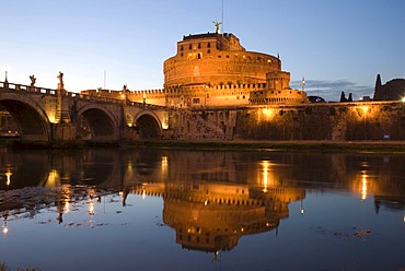 Castel Sant'Angelo with reflection, at night, Rome, Italy, Europe