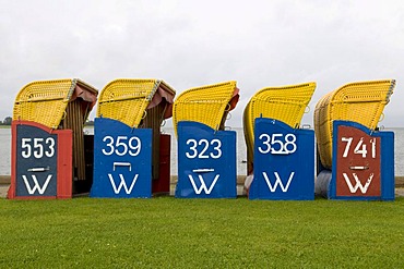 Wicker beach chairs on the grass beach, North Sea resort Cuxhaven, Lower Saxony, Germany, Europe