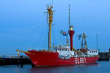 Lightship "Elbe1" at night, North Sea resort Cuxhaven, Lower Saxony, Germany, Europe