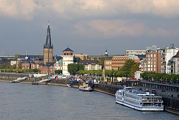 Rhine river waterfront with Lambertus Basilica and castle tower, state capitol Duesseldorf, North Rhine-Westphalia, Germany, Europe