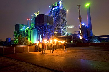 Night shot of the former Meidericher Eisenhuette ironworks, Landschaftspark Duisburg Nord landscape park, Route der Industriekultur Route of Industrial Heritage, Essen, Ruhrgebiet region, North Rhine-Westphalia, Germany, Europe