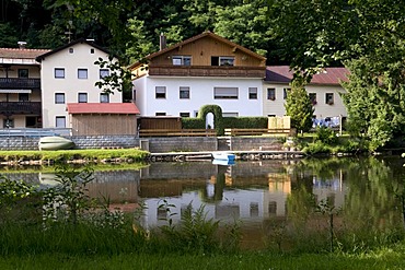 Houses along Regen river, Regen health resort, Bavarian Forest, Bavaria, Germany, Europe