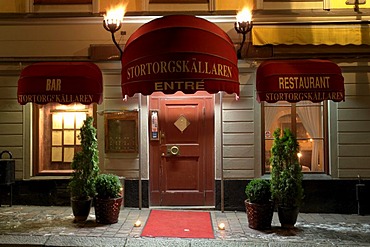 Restaurant in the historic town Gamla Stan, night shot, Stockholm, Sweden, Scandinavia, Europe