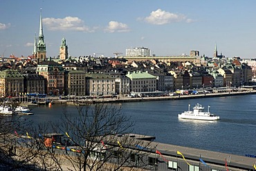 Ferry in front of the historic centre of Gamla Stan, Stockholm, Sweden, Scandinavia, Europe