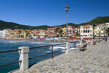 Pier and seaside view, Alassio, Italian Riviera, Liguria, Italy, Europe