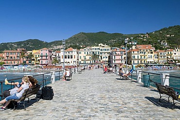 Pier and seaside view, Alassio, Italian Riviera, Liguria, Italy, Europe